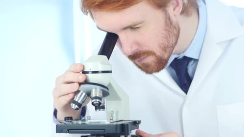 Scientist Looking Into Microscope in Lab Close Up