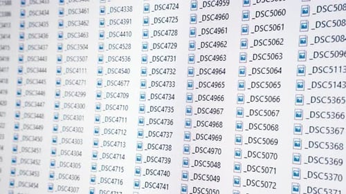 Große Menge an Bilddateien auf dem Computerbildschirm. Nahaufnahme