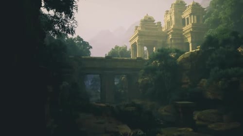 Un doux crépuscule illumine le vieux temple et le paysage environnant