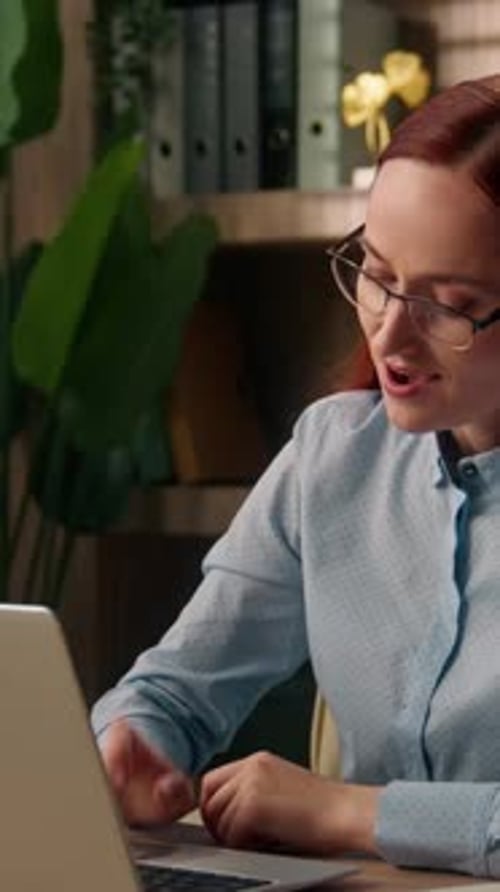 Satisfied Relaxed Caucasian Business Woman Finishing Work Laptop Inside Office Relaxing Stretching
