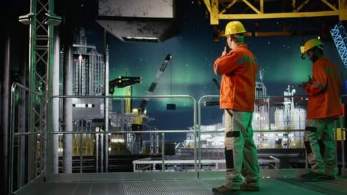 Offshore Engineer Coordinating Via Walkie Talkie During Oil Production