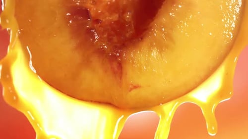 Prise de vue macro au ralenti d'un jus de pêche fluide provenant de Half Peach