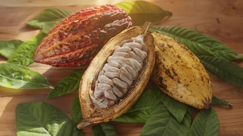 Fruta de cacau fresca com feijão e folhas de cacau em uma mesa de madeira.