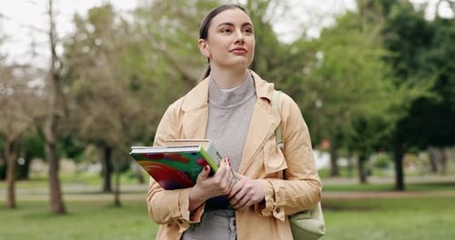 Student, walking and education for woman, outdoor and confident of goals, park and learning of guy