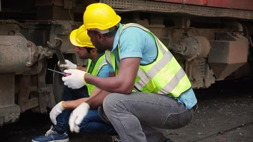 Der junge kaukasische und schwarze Ingenieur wartet und repariert den Dieselmotor im Bahnhof.