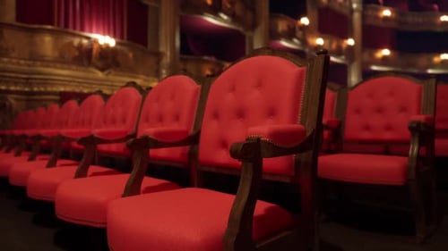Grand Ornate Red Theater Seats in Empty Opulent Auditorium