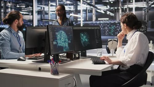 Data Center Technician Monitoring Server Rigs Performing AI Training