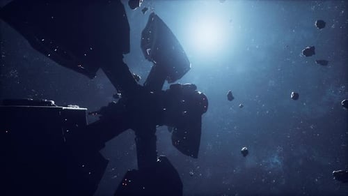 Futuristic Space Station Rotating with Asteroids in Deep Space