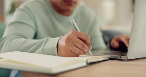 Notebook, pen or hands of person writing research notes, brainstorming idea or planning schedule