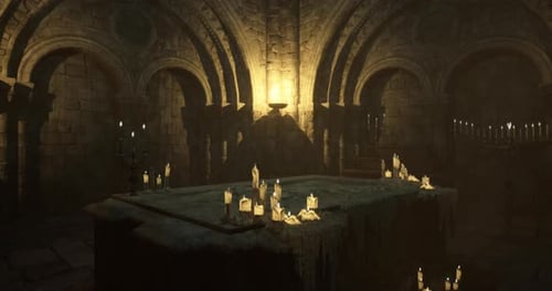 La cámara con poca luz con velas y piedras invita a la exploración