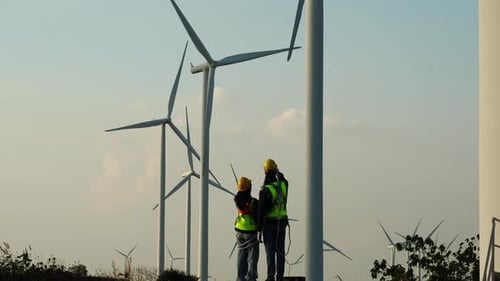 Multiracial colleagues examining wind turbines blueprints. Windmills on sunset