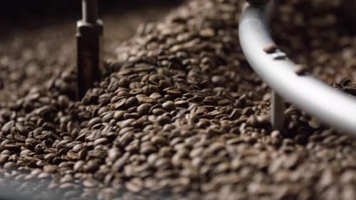 Coffee Beans Roasting in a Machine, Close Up