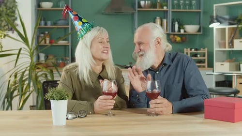 Senior Couple Celebrating With Wine in Kitchen