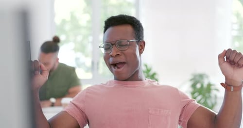 Office fatigue, yawn and black man tired from coding ERP software, cyber security system