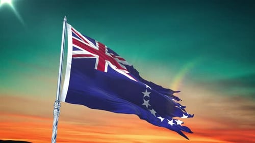 Cook Islands National Flag Waving with Torn Distressed Fabric Loop