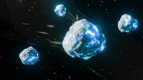 Asteróides voam pelo espaço até a Terra Animação 3D em loop contínuo, espaço sideral, espaço e ciência