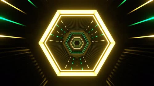 Turquoise And Yellow Neon Hexagon Futuristic Tunnel Background Vj Loop In 4K