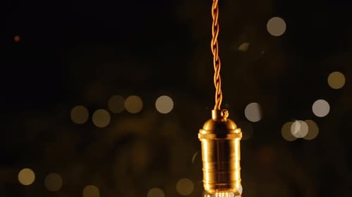 Decorative Old Edison Tungsten Filament Lamp Hanging Outdoors In Garden Glowing