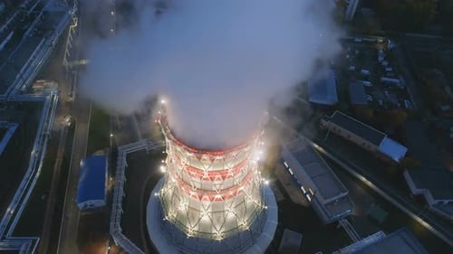 Bird Eye View Cooling Tower with Rising Steam at Station