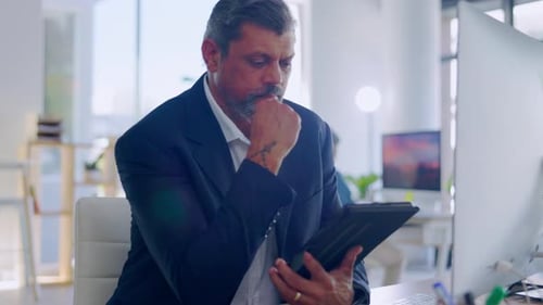 Digital tablet, research and thinking senior man in office for planning