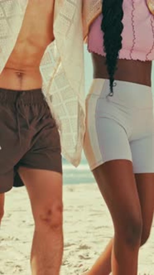 Summer, walking and friends hug on beach for vacation, holiday and weekend outdoor