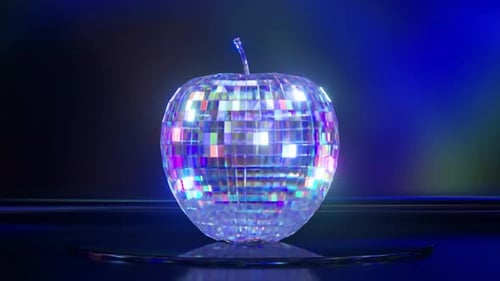 The Blue Disco Apple Spins on the Platform Reflecting the Light