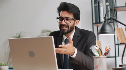 Businessman Working on Laptop at Office Talk on Online Communication Video Call with Employee Boss