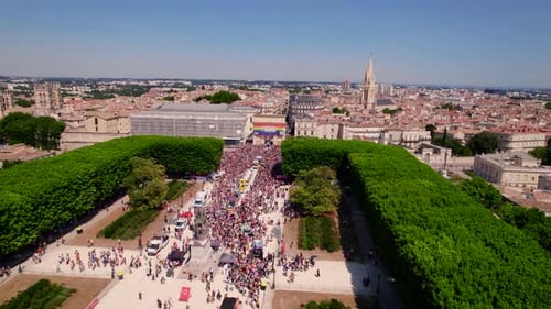 Montpellier pride march from above, vibrant scene
