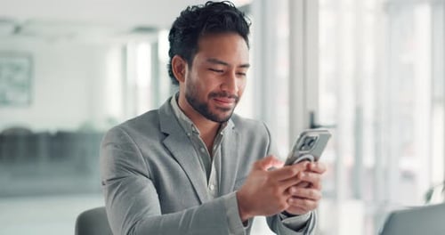 Phone, networking and businessman in office for typing email with communication on mobile app