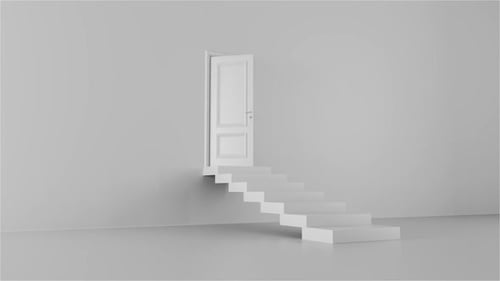 Minimalist Door Opens to Bright Light with Ascending Stairs
