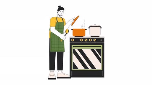 Animated Chef Cooking Food on Stove in Flat Design