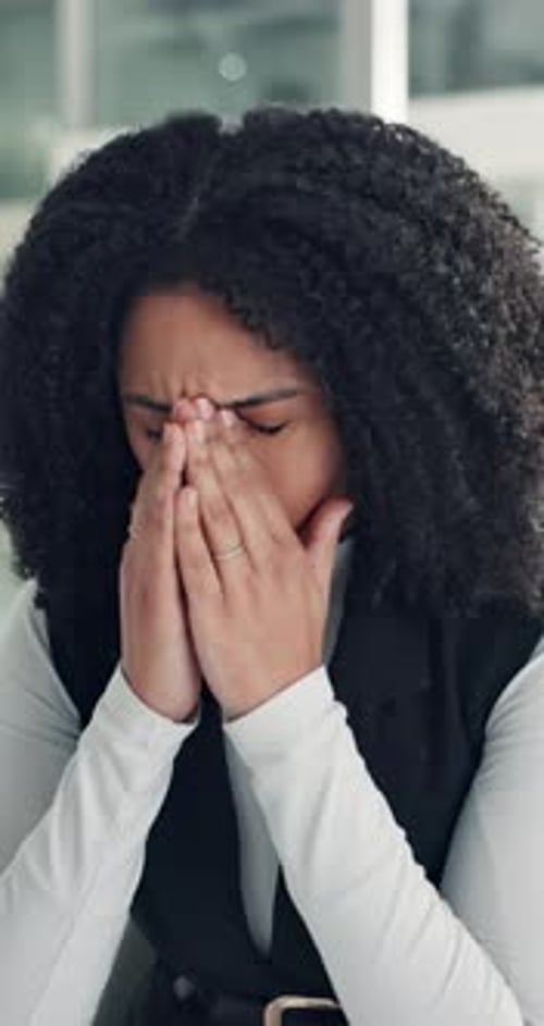 Burnout, headache and stress with business woman in office for deadline, frustration or mistake