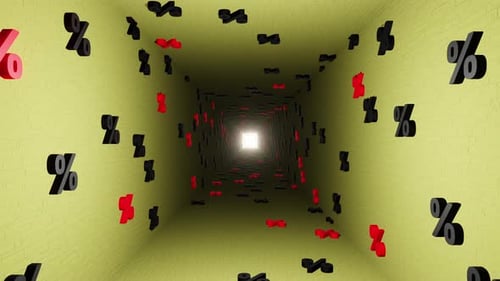 Percent symbols in yellow tunnel background 3d render. Concept of discounts, sales, seasonal promo