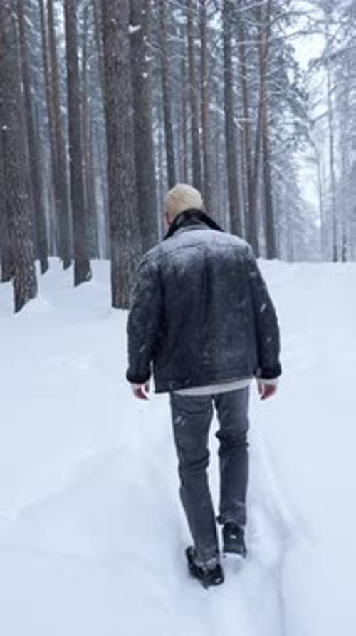 Stylish Man Walks in Winter Forest Media Rear View of Stylish Blond Man Walking in Winter Forest
