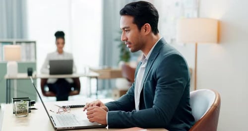 Laptop, typing and happy asian business man in office smile for email, planning