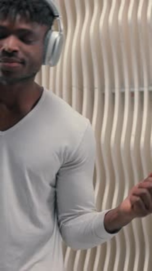 Dancing Listening Music African American Man in Headphones Enjoy Sound Stereo Good Quality Modern
