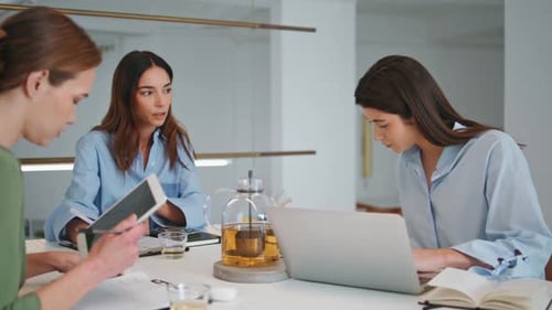 Businesswomen Talking Office Meeting Closeup Corporate Colleagues Work Together