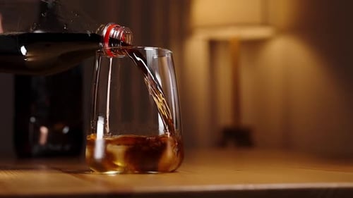 Pouring Refreshing Soda into Glass with Ice