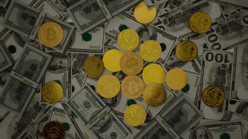 Bitcoin-BTC-Münze und Ethereum-Eth-Münzen mit 100-Dollar-Scheinen