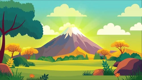 Animated Cartoon Landscape with Mountain and Sunbeams