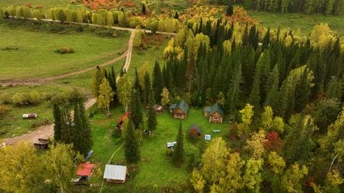 Aerial view of a remote village nestled in an autumn forest