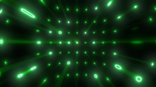 A green digital tunnel of glowing particles and energy rings radiates forward with luminous beams in