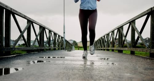 Running, shoes or fitness with woman in city for athlete, marathon practice or health
