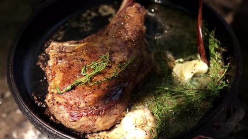 Steak Basting in Sizzling Butter with Thyme