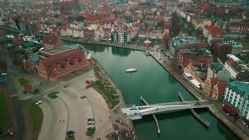 Drone Shot of Antique District of Gdansk with View on Bridge Across the River