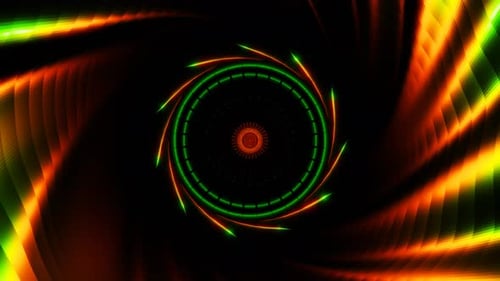 vj loop rotating circle in round flickering orange green tunnel abstract background