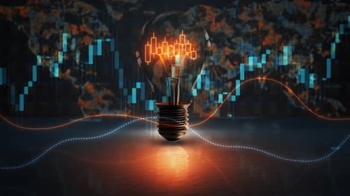 Futuristic Lightbulb with Glowing Financial Candlestick Chart Animation