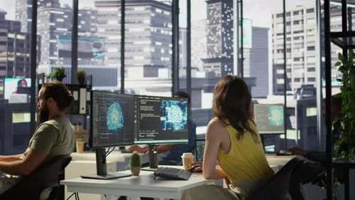 Software Engineers Collaborate in Modern Office with City View