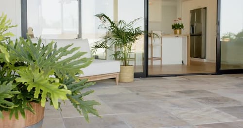 Sun rising, sunlight shifting over patio and kitchen lighting potted plants for ambience