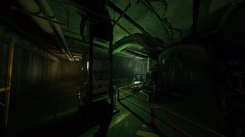 Encased Metal Pathways and Green Glow Evoke Deep Sea Solitude